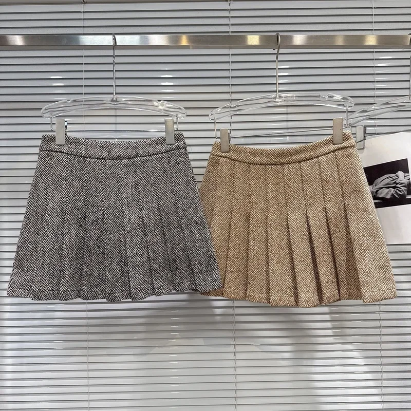 2026 Autumn Winter Vintage Style High Waist A Line Pleated Faux Woolen Striped Mini Skirt For Women Short Skirts 11C837