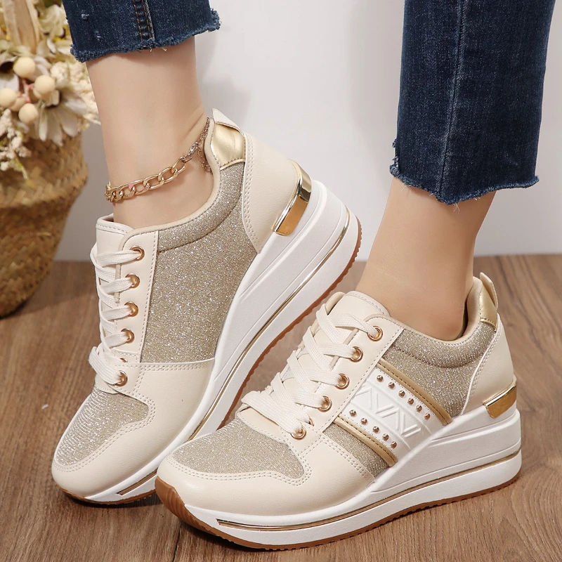 أحذية رياضية نسائية ذات نعل سميك، أحذية نسائية ذات تصميم ذهبي، أحذية رياضية كاجوال مريحة، أحذية كاجوال جديدة Zapatos De Mujer #2