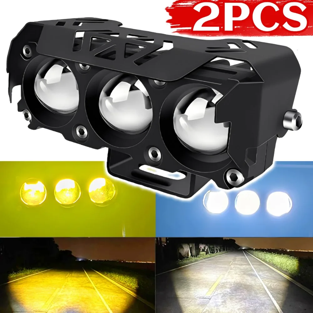 دراجة نارية LED الأضواء ثنائي اللون مرحبا/منخفضة شعاع أصفر أبيض 3 عدسة الضباب الخفيف لهوندا ياماها المصباح مصباح مساعد خارجي #1