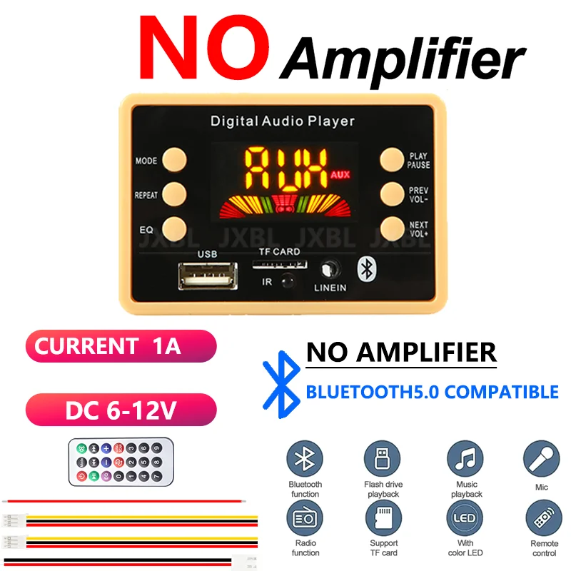 Bluetooth 5.0 MP3 Decoder Board, Digital Audio Player Module with USB/TF/FM/AUX, EQ & Remote, DC6-12V (No Amplifier)