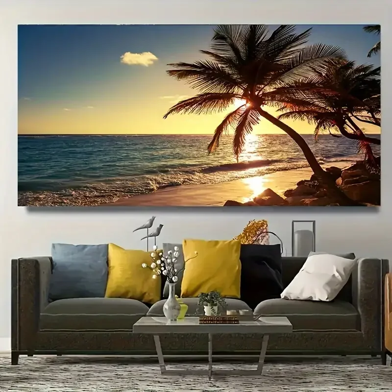 (1PC Unframe)1pc Unframed Canvas Poster, Modern Art, Beach Sunset Wall Art Decor, Large Canvas Print Picture, Sea Wave Palm Seas