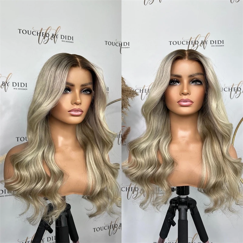 High Density Wig Highlight Ombre Ash Blonde Middle Part Synthetic Lace Front Wig Large Small Size Cap Heat Resistant Fiber Wigs