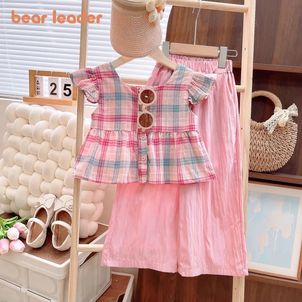 Bear Leader Summer Girl Pink Checkered Short Sleeved Top+solid Wide Leg Pants Two-piece Set for Children\'s Casual Clothing