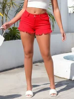 Benuynffy, pantalones cortos vaqueros de cintura alta de Color sólido para mujer, novedad de verano 2021, ropa de calle Retro lavada informal, pantalones cortos vaqueros con dobladillo deshilachado y abertura