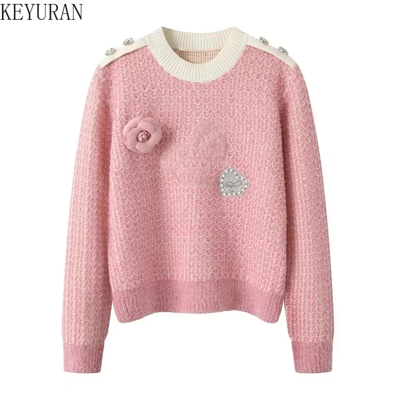 Pink Contrast Color Knitted Cardigan Sweater Coat Women Autumn/Winter Vintage Fashion O-Neck Long Sleeve Knitwear Tops Jumper