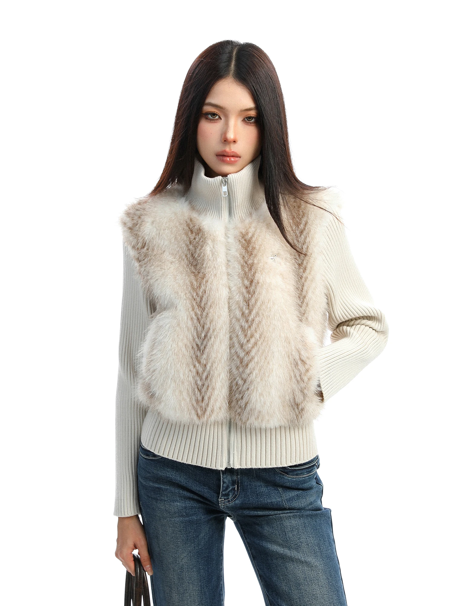 

Warmth Knitted Splicing Eco-friendly Fur Collar ort Coat for Women Stand Fit Korean Sle ort Length Zipper Closure