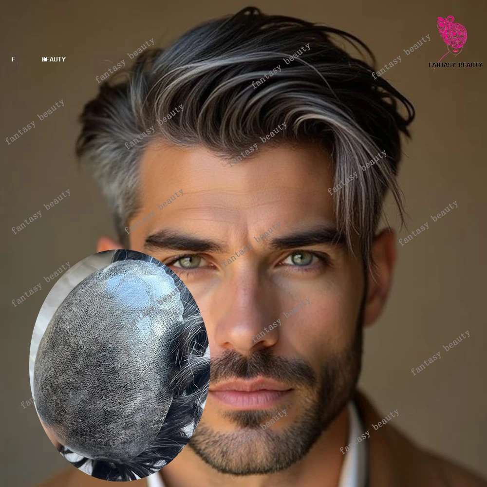 1B20 1B80 Natural Hairline Human Hair System Durable Injection Poly Skin #1B Black Grey Brown Hairpieces Prosthesis Men's Toupee