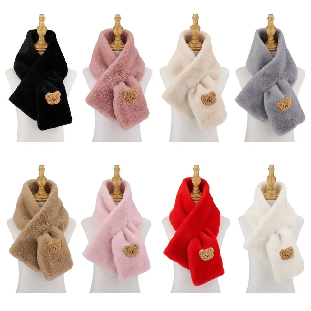 Cute Bear Solid Color Faux Rabbit Fur Plush Women Winter Neck Warm Thicken Cross Collar Scarf Elegant Shawl Scarfs Neckerchief