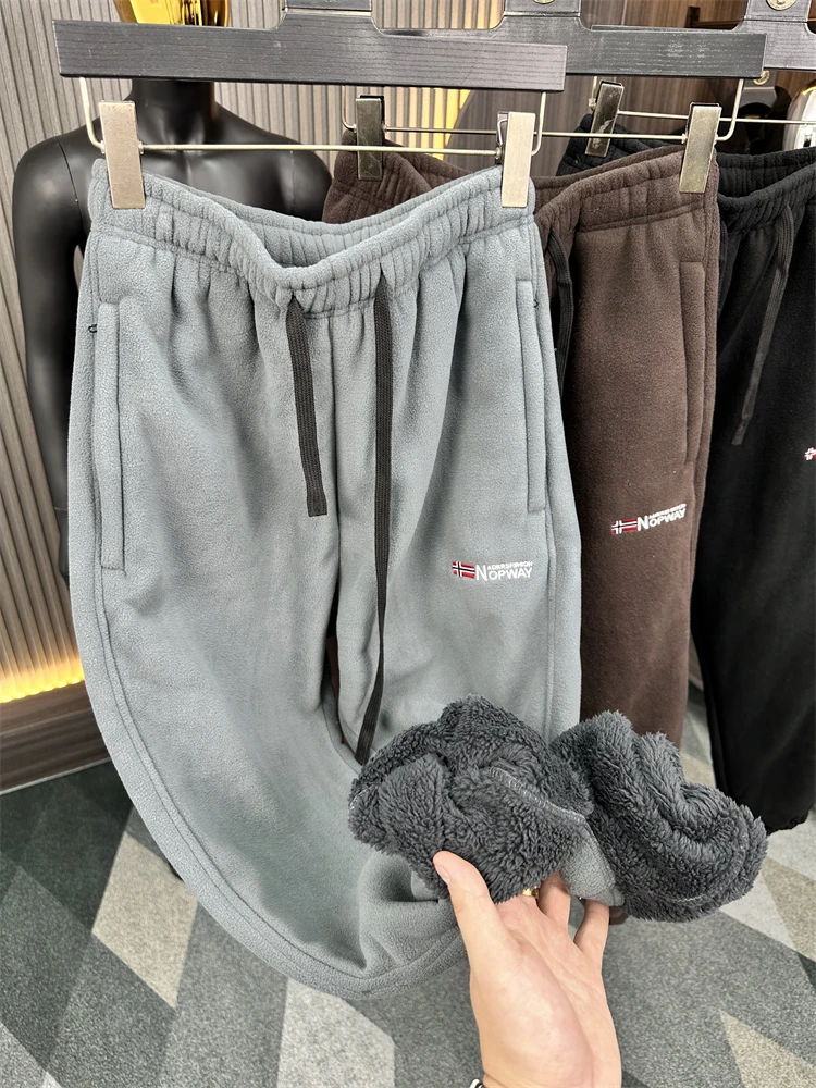 

Thiened Fce Men's Casual Pants Nordic Single Function Warm Winter Autumn Pure Color Lamb Fce Thiened Casual Pants