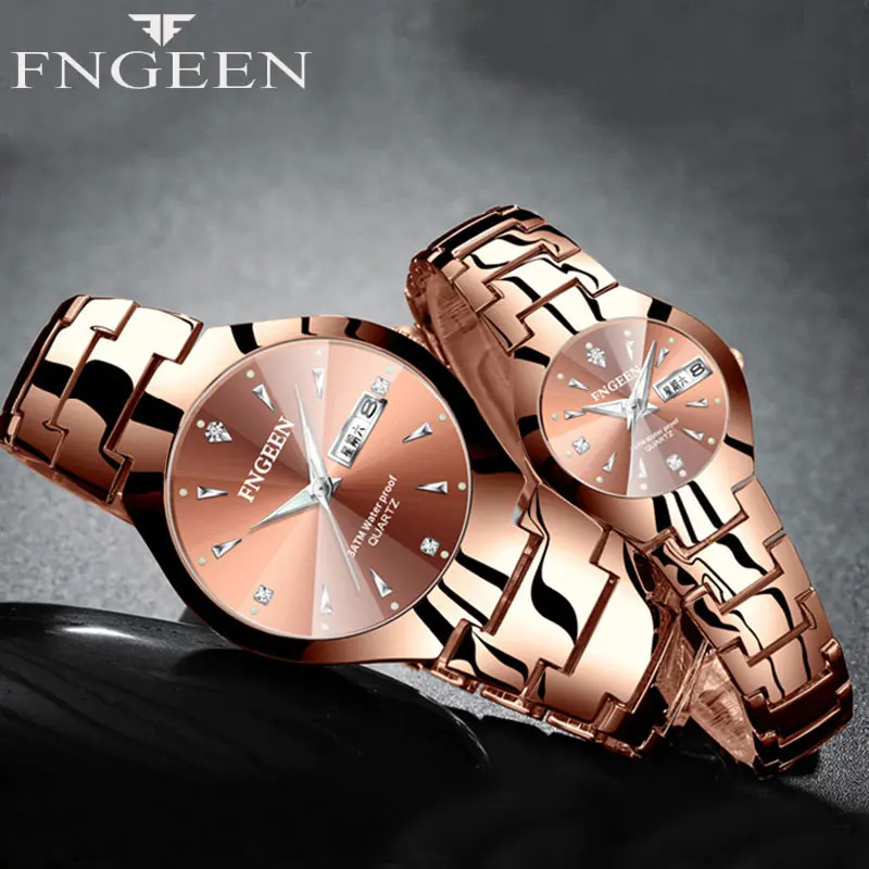 FNGEEN Fashion Couple Watches for Men Women Stainless Steel Quartz Watches Top Brand Luxury Date week Clock Lovers Wrist watch