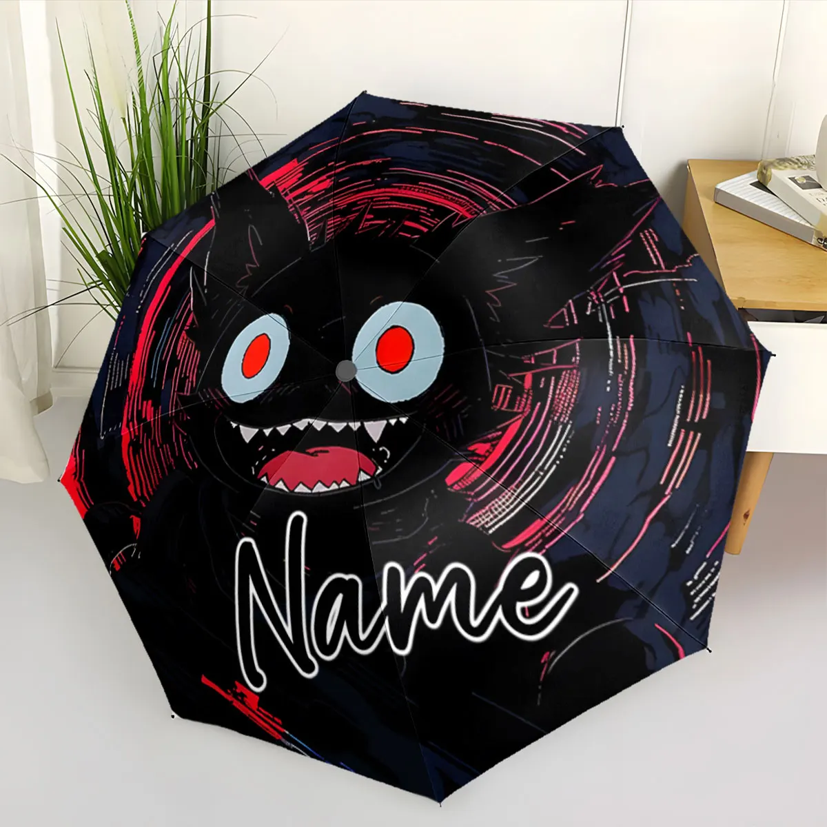 Custom Name Dark Cat Design Umbrella with Red and Black Theme Print 8 Iron Ribs Folding Umbrella Auto-Open Fashion Sunshade
