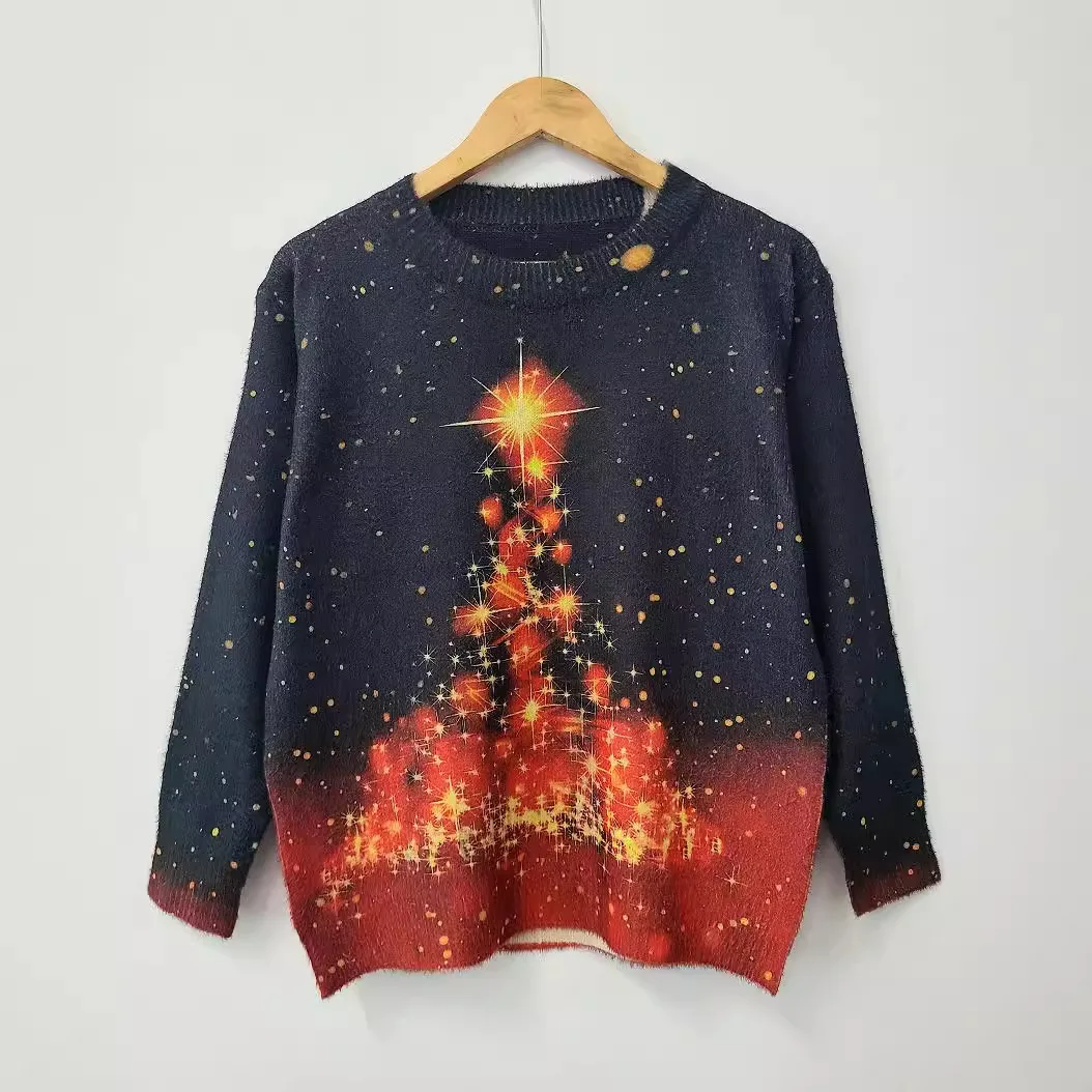 Autumn And Winter Fashionable Christmas Tree Gradient Contrasting Knitted Pullover Round Neck Knitted Warm Casual Sweater