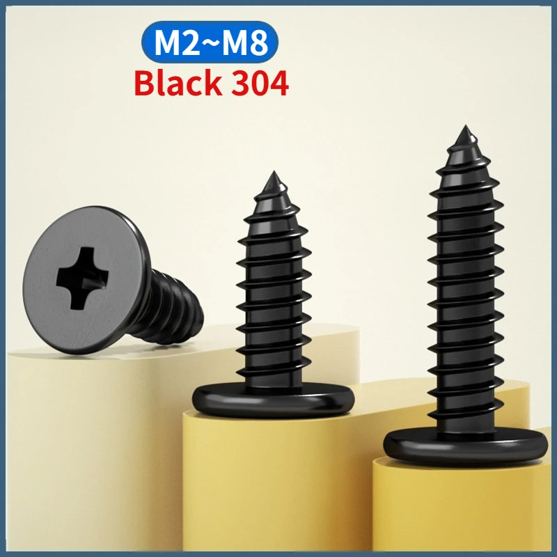 M2 - M8 Black 304 Stainless Steel Cross Phillips Ultra Thin Super Low Flat Wafer Head Self tapping Wood Screw
