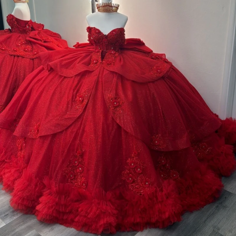 

Red Shiny Quinceanera Dresses Off The Shoulder Applique Flower Beading Crystal Tiered Tull Corset Party Birthday Sweet 16 Dress