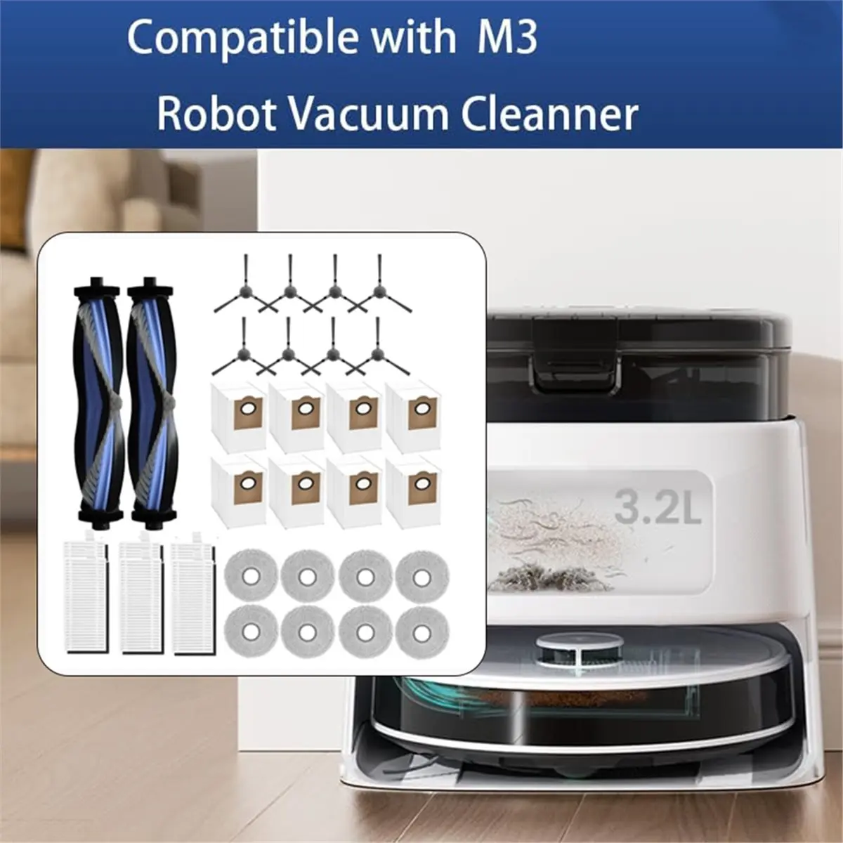 

(A61K) 32 PCS Accessories Kit for Lefant M3 Robot Vacuum Cleaner Parts Replacement Main Side Brushes Mop Pads Filters Dust Bags