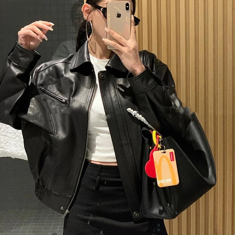 Mode Highstreet Vrouwen Echte Lederen Jassen Tops Casual Zwarte Revers Drop-Schouder Vrouwelijke Losse Schapenvacht Jassen