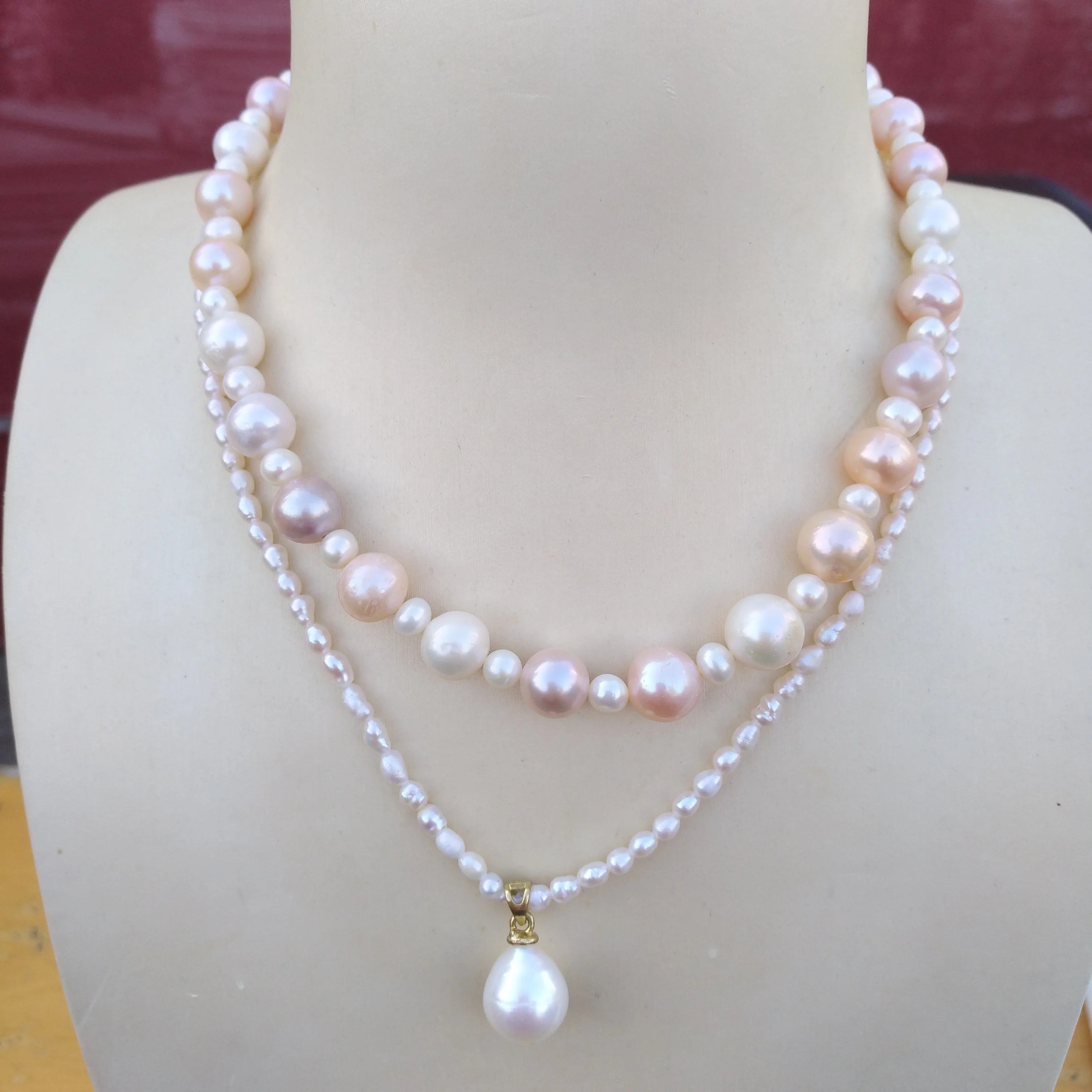 

2row Natural Multi-Color South Sea White Pearl Necklace Pendant