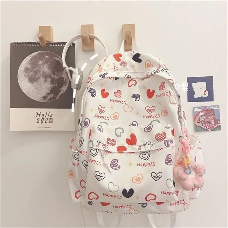 Girls Cute Print Large Capacity Preppy Backpack, Nylon Lightweight School Campus Daypack, Fashion Kawaii Travel Commuter Bag