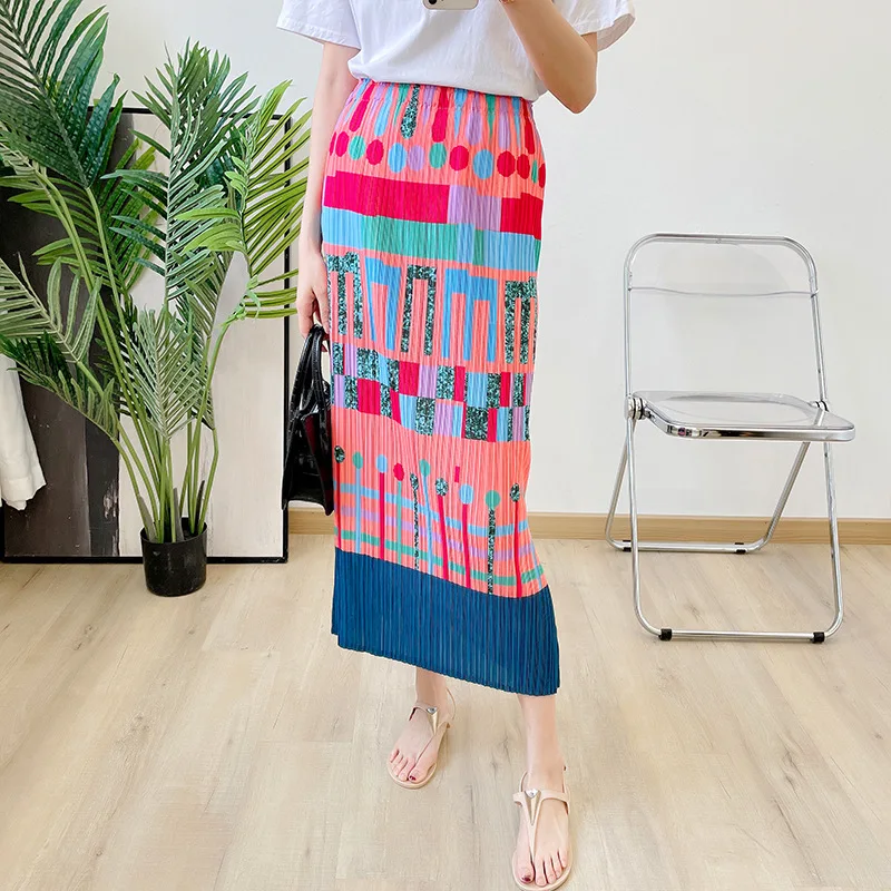 

Miyake Summer New Pleated Letter Print Straight Slim Thin High Waist Split Pleated Skirt