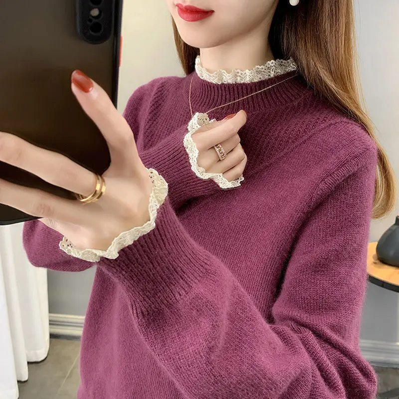 

Fashion Stand Collar Spliced Lace Fake Two Pieces Sweaters Female Clothing Spring Autumn Loose All-match Pullovers Casual Tops