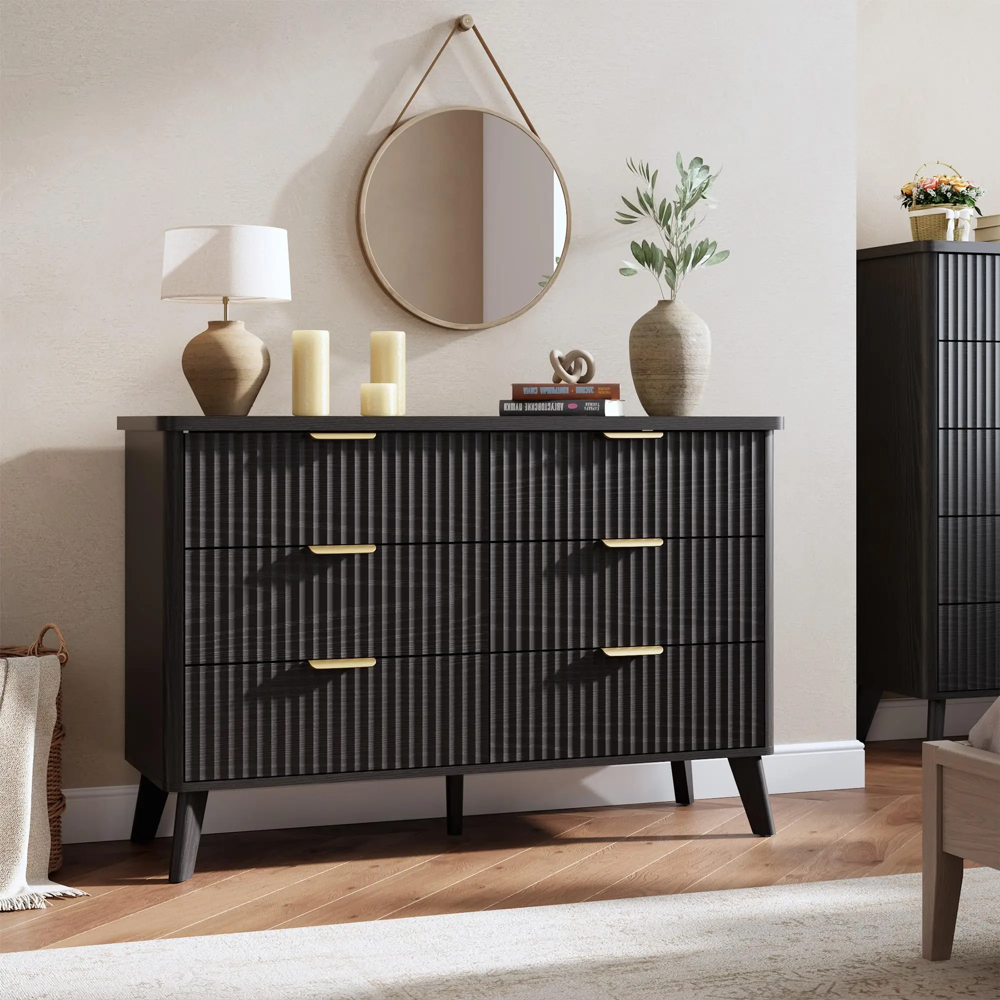 Garveelife Modern Fluted 6-Drawer Dresser – 47.2'' Wide Tall Chest, Deep Drawers, Curved Profile, Wooden Bedroom Storage Cabinet –  Black