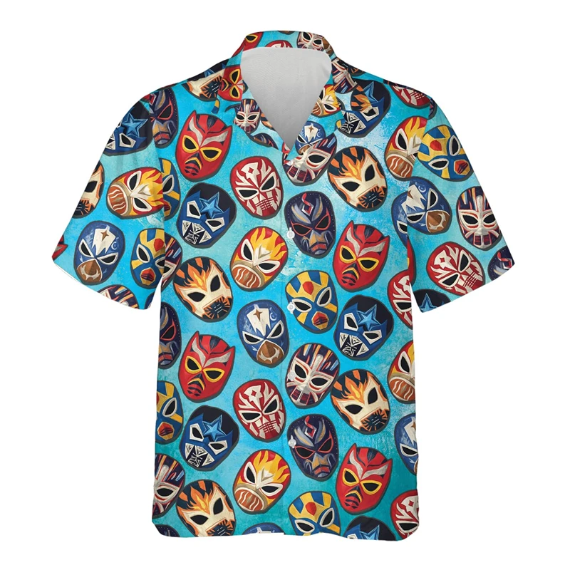 Mexico Wrestling mask Men's Shirt 3d Printing Lucha Libre Short Sleeve Lapel Blouse Tops Summer Street Hawaiian Shirts