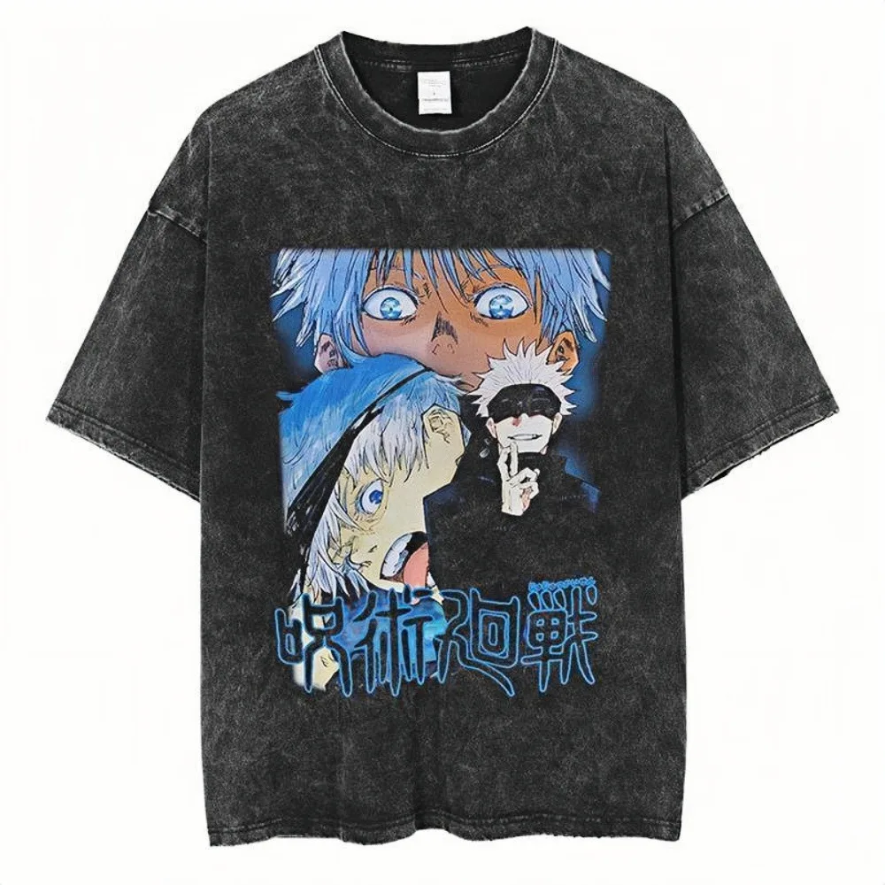 

Jujutsu Kaisen Gojo Satoru Acid Wash T-Shirt Layered Portrait Graphic Print Oversized Blue Aesthetic Streetwear Y2K Tees