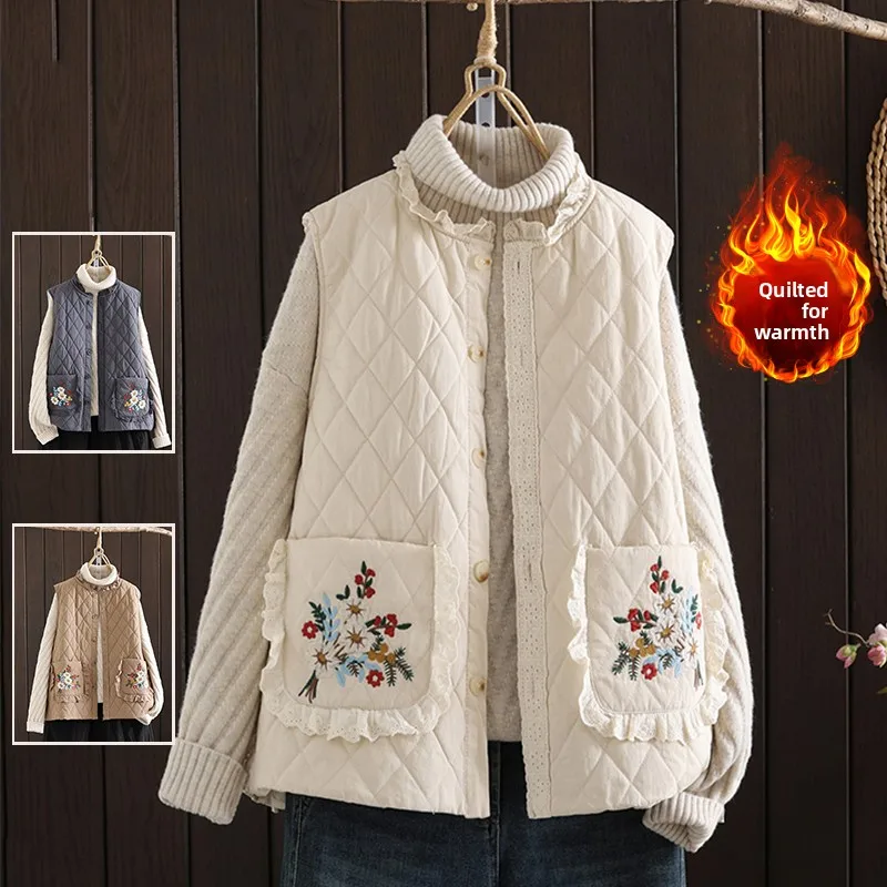 

Sweet Countryside Sle Lace Patchwork Diamond Cotton Vest Jaet Large Size Women's Winter Mom Double ket Embroidered o...