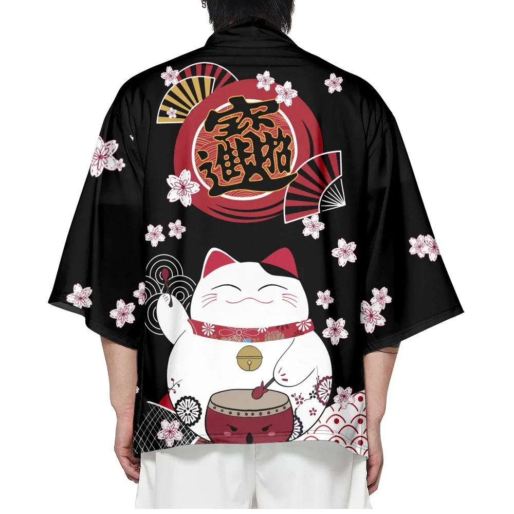 Fashion Beach Yukata Japanese Cartoon Lucky Cat Cardigan Kimono 2023 Women Men Harajuku Sakura Fan Print Haori Cosplay Shirts