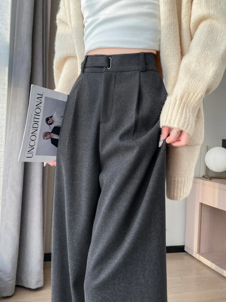 Gray Fleece Lined Slim Straight Wide Leg Suit Pants for Women High Waist Commute Style Korean Fashion Trendy Casual Trousers