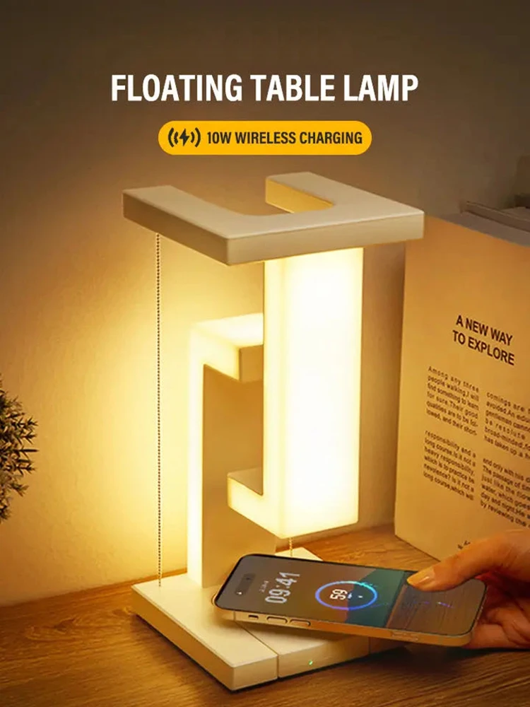 LED Night Lamp Creativity Physics Balance Suspension Table Desk Lamp Wireless Charger Decoration Home Bedroom Room Decor Light