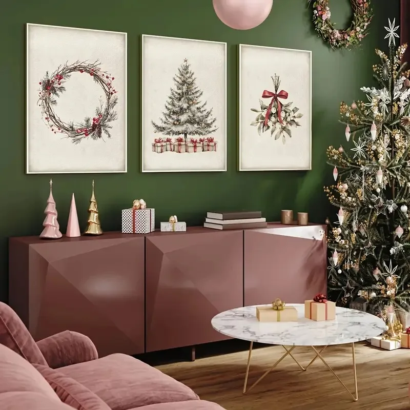 3pcs frameless Canvas Painting 3pcs/set Christmas Wreath Pine Plant Canvas Poster Minimalist Farmhouse Winter Christmas Wall Art