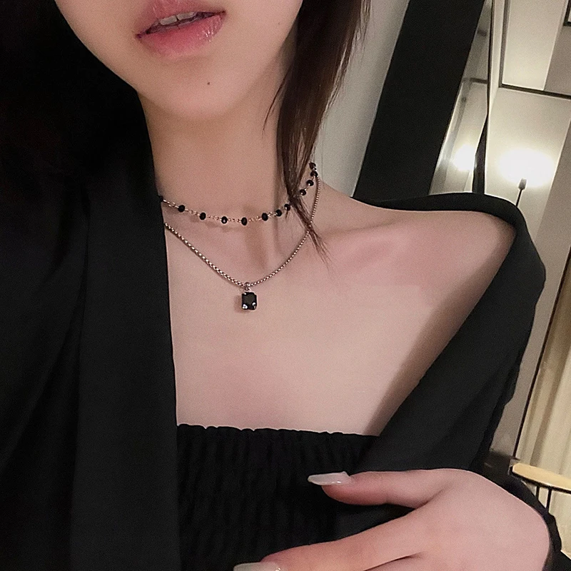 Women Choker Necklace Double Layer Beads Necklace Gift For Friend Black Color Geometric Wholesale Collar Jewelry