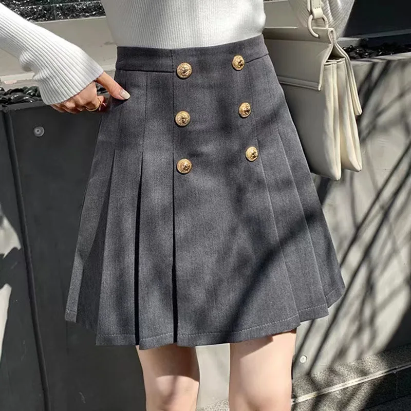 ファッションダブルブレストスーツプリーツスカート女性のハイウエスト A ラインミニスカート安全ショートスカート