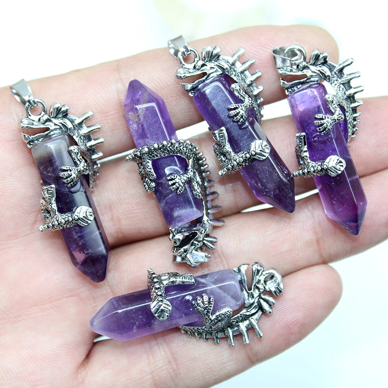 15 Pcs Mixed Stone Powder Crystal Amethyst Hexagon Pendant Fashion Natural Stone Panlong Crystal Pendant Men Women Jewelry Gift