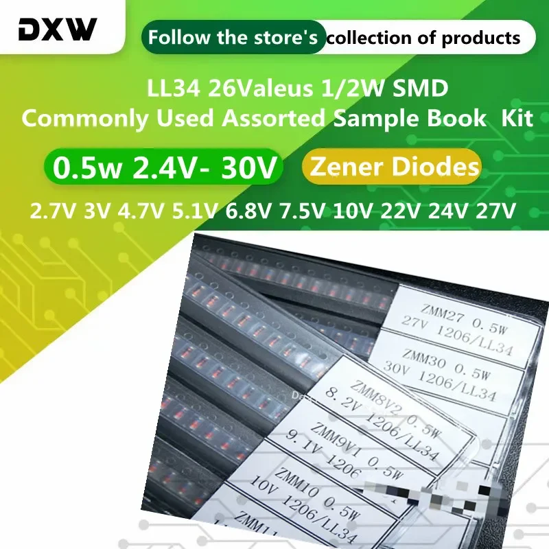 650PCS Zener Diodes 0.5W 2.4V - 30V 2.7V 3V 4.7V 6.8V 10V 22V 24V LL34 26Valeus 1/2W SMD Commonly Zener Diode Sample Book  Kit