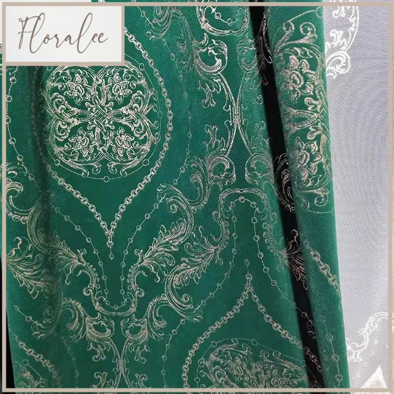 American Retro Baroque Dark Green Flannelette Gilding Jacquard Curtains For Living Room Bedroom French Window Finished Products