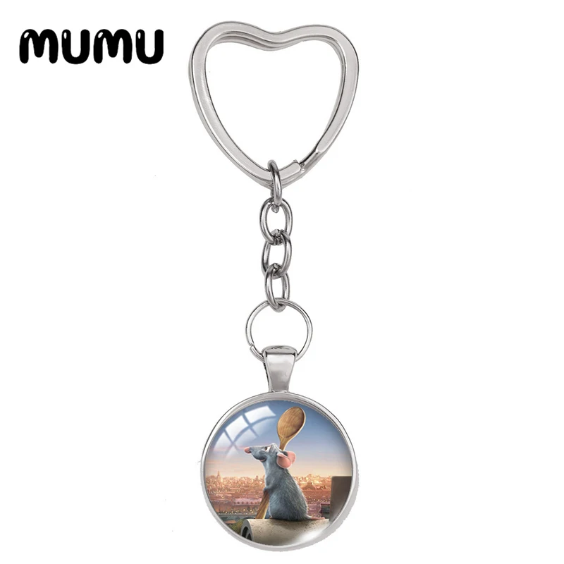 2024 New Ratatouille Rat Remy Heart Keyring Funny Keychain Glass Dome Cabochon Jewelry Gifts Children