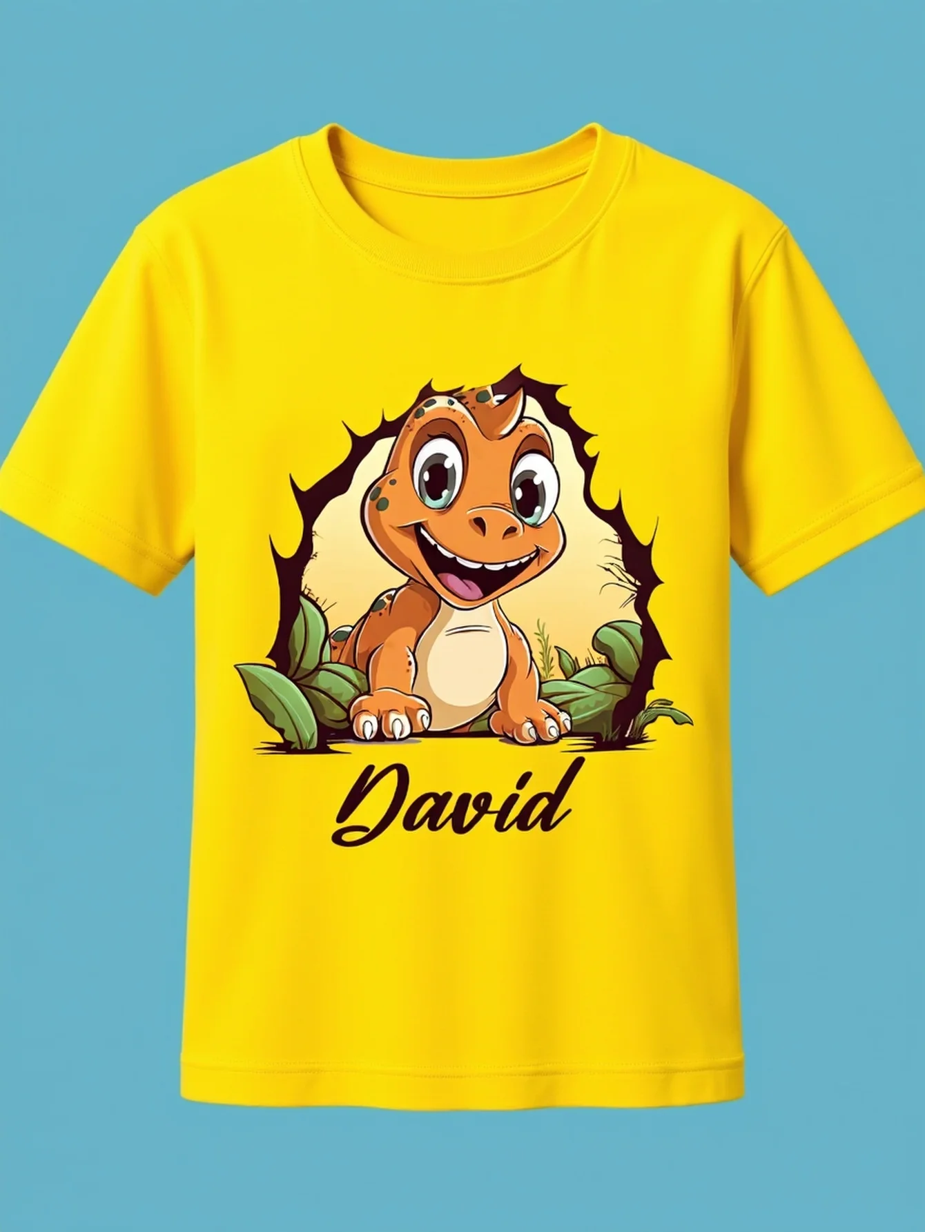 Custom Boys T‑Shirt, Cute Dinosaur Print Personalized Name Tee