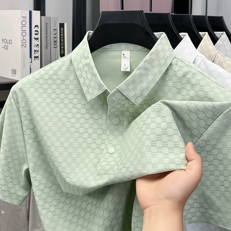 Mens Irregular Fine Block Grid Tone On Tone Jacquard Short Sleeve Polo Shirts Cool Ice Touch Stretch Breathable Casual Tops