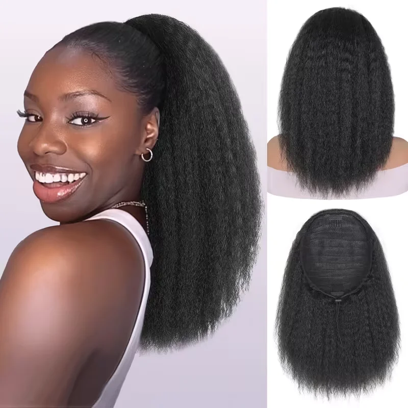 

Kinky Straight Drawstring Ponytail Synthetic Hair Extension for Black Women, Black Yaki Textured Ponytail Wig For Daily