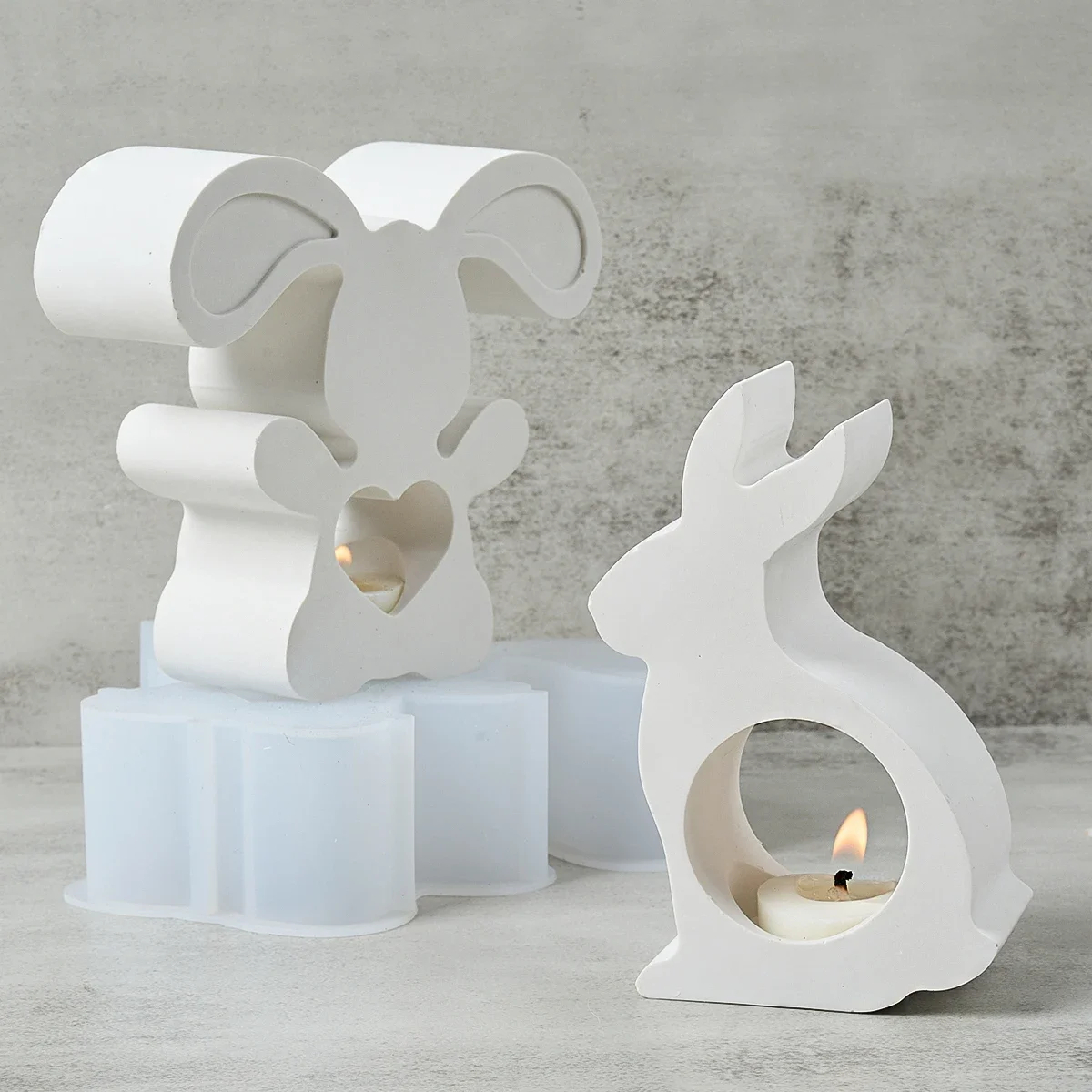 Easter Bunny Candle Holder Silicone Mold DIY Handmade Cute Rabbit Tea Wax Candlestick Stand Gypsum Concrete Craft Mold Home Deco