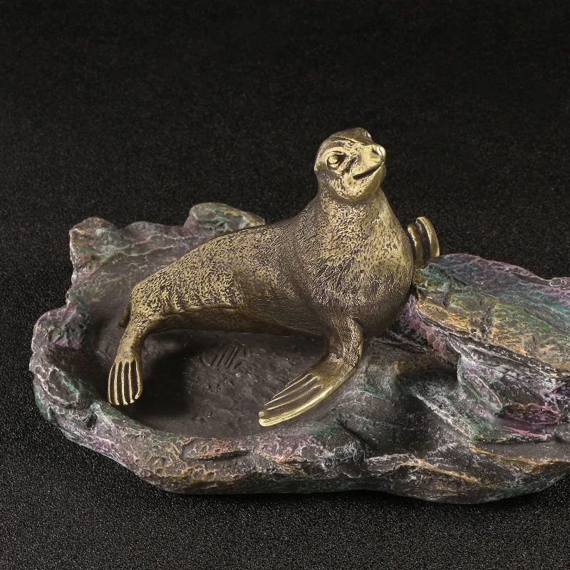1 PC Antique Finish Brass Sea Lion Figurine Large Marine Life Model Ornament Craft Gift Home Decor Living Room Desk Decoration