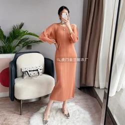 Miyake Pleated Dress Women 2024 Spring Autumn New Round Neck Long Sleeve Solid Color Mid-length Fashionable High-end Long Skirt