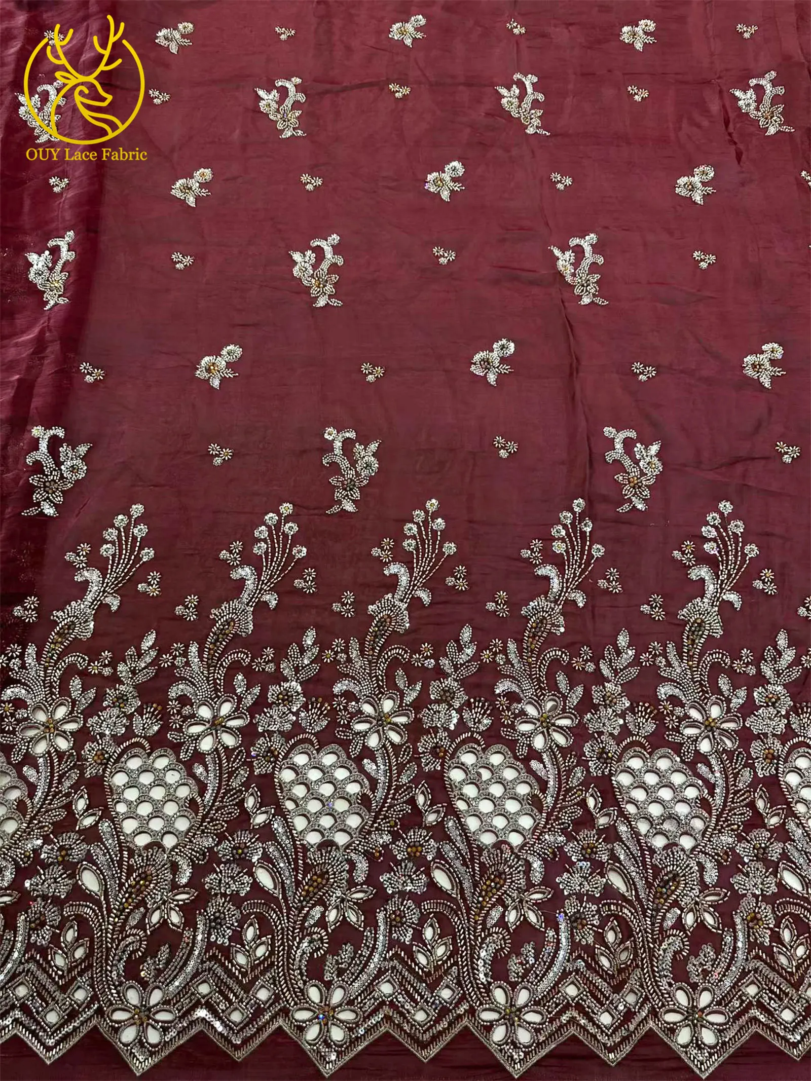 Neueste Afrikanische Schwer Verzierte Spitzenstoffe 5 Yards Nigerianische Schweizer Perlen-Pailletten-Spitze für Bräutigam-Kleider und Damenkleider zum Nähen – Detail 5