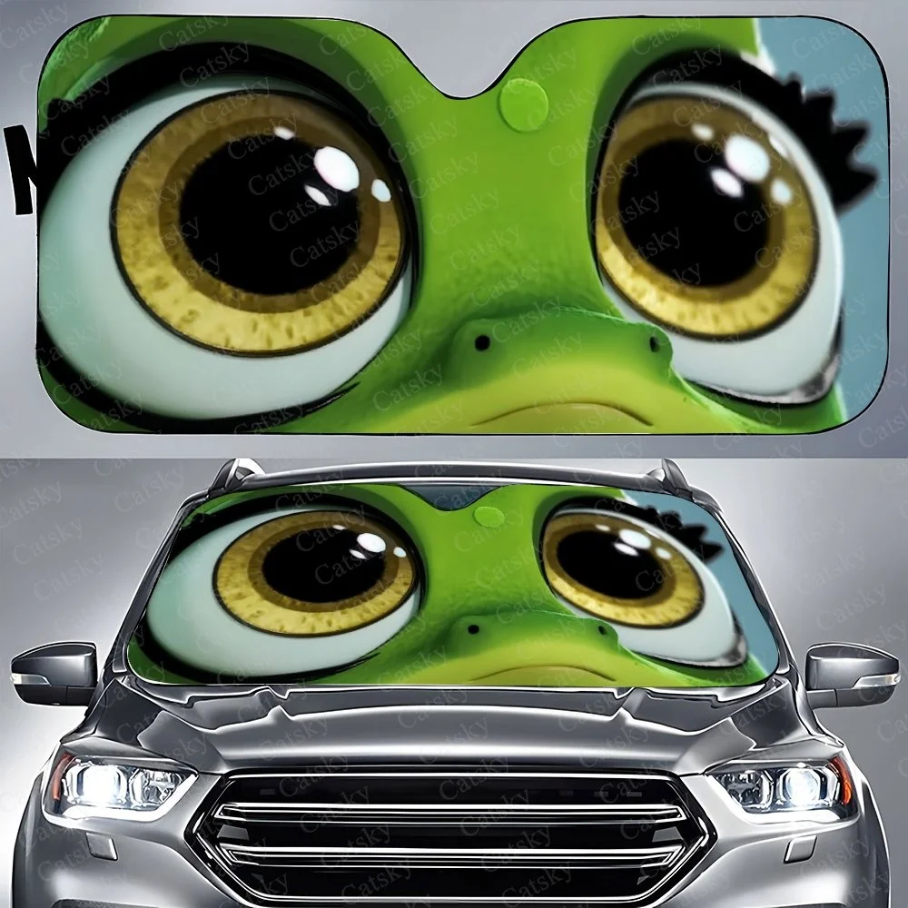 Adorable Frog Face Sunshade For Car Windshield, Cute Cartoon Design With Big Eyes And Green Light Beige.