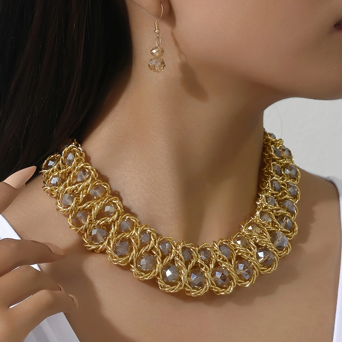 1 pair of earrings + 1 collar Boho style jewelry set with rhinestones in multiple colors for your daily party accessories