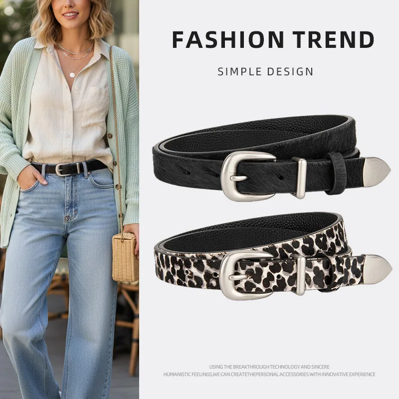 Women's Light Luxury Double-sided Top Layer Cowhide Belts Korean Version ins Style Jeans Leopard Print Decorative Belt