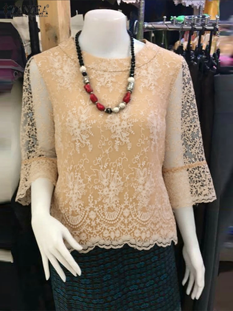 

ZANZEA Elegant Lace Blouse Women Mesh Patchwork See-through Clothes 2025 Autumn Fashion 3/4 Sleeve Casual OL Party Office Tops