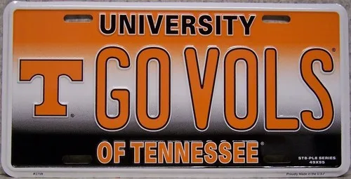 Aluminum License Plate Tennessee Volunteers NEW GO VOLS Made in USA Aluminum